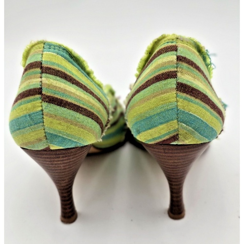 Ginger Goff Peep Toe Heels 7 Women's‎ Green Striped Frayed Wooden 3" Heels Boho - Picture 9 of 11